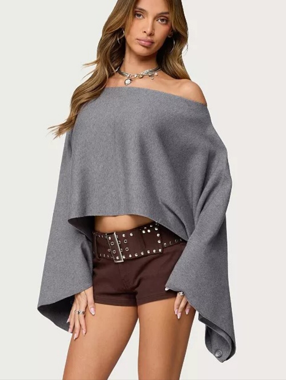 NWT Edikted Grey Sharla Off Shoulder Poncho knit Cropped Sweater Size XS/Small